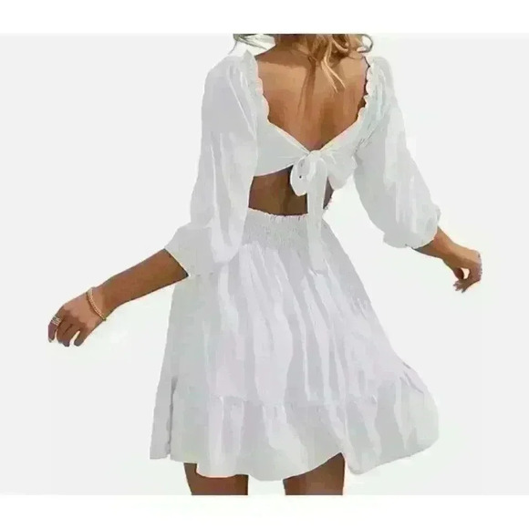 Zaful Square Neck Off the Shoulder Lantern Sleeve Tie Back Dress NWT Size 6 - Picture 2 of 14